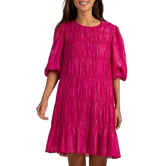 Trina Turk Silvery Metallic Tiered Short Sleeve Dress Planetary Fuchsia Pink XS - Picture 3 of 4
